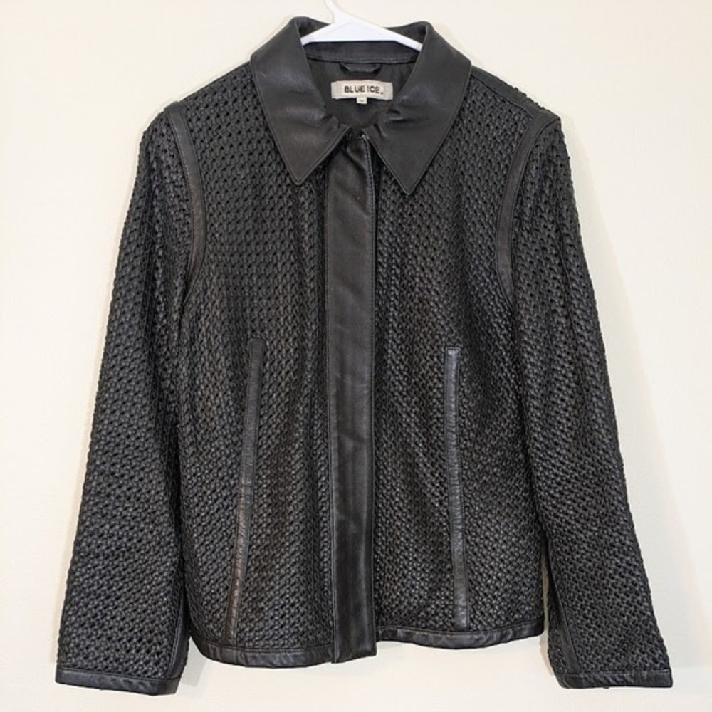 VTG Blue Ice Black Woven Leather Jacket Zip Up Medium 100% Leather